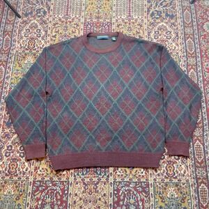 VTG 90s CLAYBROOKE Mens Argyle Knit Sweater Pullover Burgundy Green Blue XXL